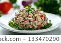 Tuna salad seafood for meal plan and parsley on white plate 133470290