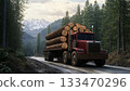 A logging truck loaded with cut tree trunk for transportation 133470296