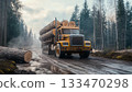 A logging truck loaded with cut tree trunk for transportation 133470298