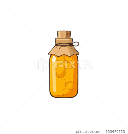 Golden elixir preserved in glass container, featuring submerged fruit and a rustic cork stopper, Golden elixir preserved in glass container, featuring submerged fruit and a rustic cork stopper, 133470353