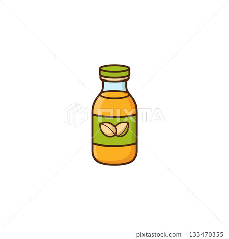 Illustration of a small glass bottle filled with golden liquid and a label showing nuts 133470355