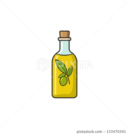 A meticulously illustrated bottle of vibrant yellow olive oil conveying freshness and culinary A meticulously illustrated bottle of vibrant yellow olive oil conveying freshness and culinary 133470391