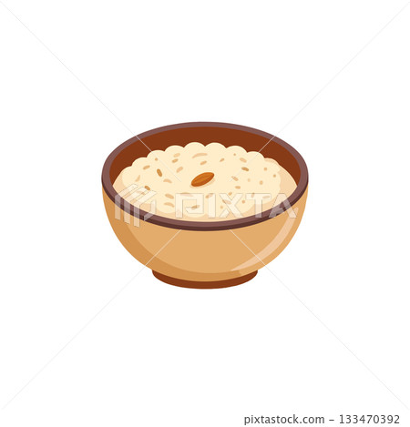 Creamy rice pudding dessert served in earthenware bowl for delicious and comforting treat isolated Creamy rice pudding dessert served in earthenware bowl for delicious and comforting treat isolated 133470392