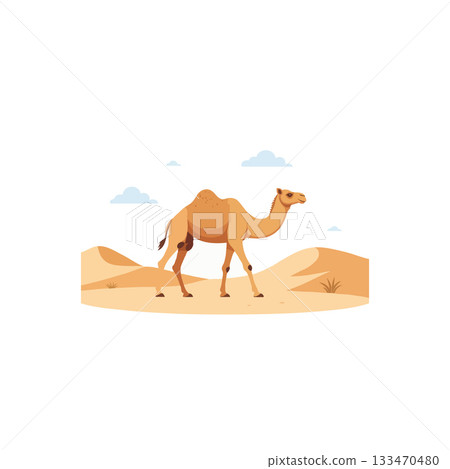 Illustration of a camel traversing the arid desert landscape, showcasing the animal adaptation and Illustration of a camel traversing the arid desert landscape, showcasing the animal adaptation and 133470480