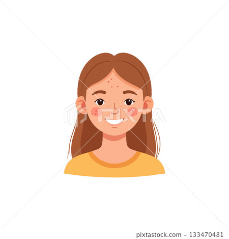 Illustration depicting a young woman's portrait featuring distinctive features in vibrant color Illustration depicting a young woman's portrait featuring distinctive features in vibrant color 133470481