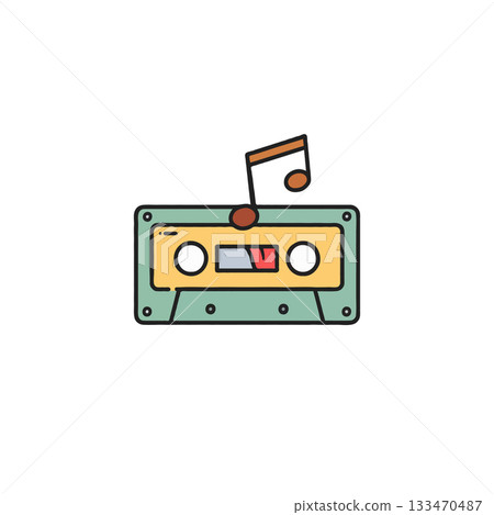 Vintage audio cassette illustration with musical note overlay presenting classic entertainment 133470487