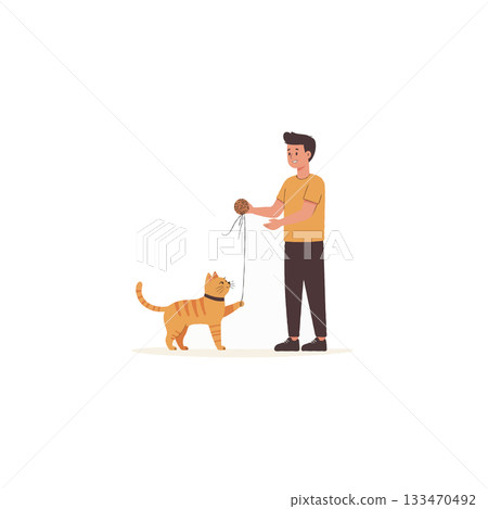 Illustration depicting a playful moment of a person interacting with their pet cat using yarn Illustration depicting a playful moment of a person interacting with their pet cat using yarn 133470492