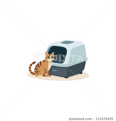 Tabby cat beside its hooded litter box an illustration highlighting pet care and hygiene within 133470495