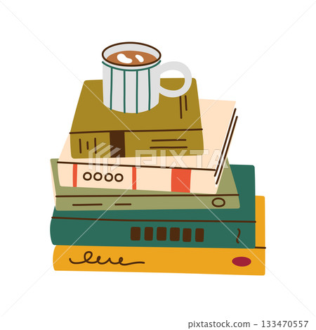 Vector illustration with flat cartoon stack of books with mug on top, cozy reading composition, slow living mood, quiet evening atmosphere, personal time, hobby, relaxation visuals for lifestyle 133470557
