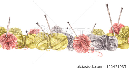 Balls of yarn threads seamless border. Watercolor hand drawn illustration. Realistic painted skeins of string with knitting needles, pins Hobby, handicrafts horizontal pattern isolated from background 133471085