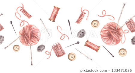 Buttons, pink yarn ball with knitting needles, thread spool and sewing pins seamless border. Needlework, handicraft pattern, labelling design. Watercolor painted illustration isolated from background Buttons, pink yarn ball with knitting needles, thread spool and sewing pins seamless border. Needlework, handicraft pattern, labelling design. Watercolor painted illustration isolated from background 133471086