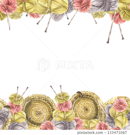 Balls of yarn threads in different color seamless frame. Watercolor hand drawn illustration. Skeins of string with knitting needles. Hobby, handicrafts square border template isolated from background Balls of yarn threads in different color seamless frame. Watercolor hand drawn illustration. Skeins of string with knitting needles. Hobby, handicrafts square border template isolated from background 133471087