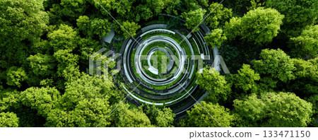 Circular green rooftop garden aerial view of concentric terraces modern eco architecture lush forest canopy sustainable design urban nature 133471150