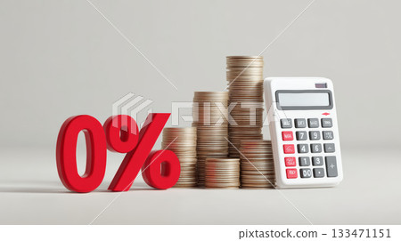 0% sign with stacked coin piles and calculator on neutral background conveying loan savings and financial planning 133471151