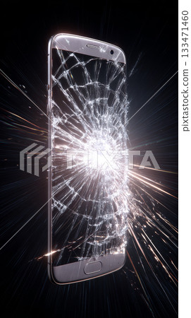 Cracked smartphone screen with radial shattered glass and bright impact burst, dramatic light streaks and metallic phone frame, damaged device 133471460