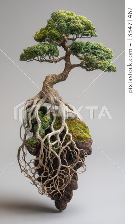 Floating bonsai tree with exposed roots clinging to mossy rock, serene natural scene evoking resilience and balance 133471462
