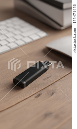 Black usb flash drive on wooden desk with keyboard and laptop nearby conveying modern workspace focus and subtle mood 133471466