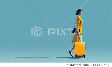 Woman in yellow coat walking with rolling suitcase and shoulder bag, purposeful travel mood, minimalist blue background, business trip vibe 133471467