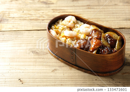 Shrimp fried rice and black vinegar sweet and sour pork bento Shrimp fried rice and black vinegar sweet and sour pork bento 133471601