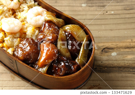 Shrimp fried rice and black vinegar sweet and sour pork bento 133471629
