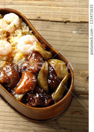 Shrimp fried rice and black vinegar sweet and sour pork bento 133471635