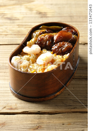 Shrimp fried rice and black vinegar sweet and sour pork bento Shrimp fried rice and black vinegar sweet and sour pork bento 133471643