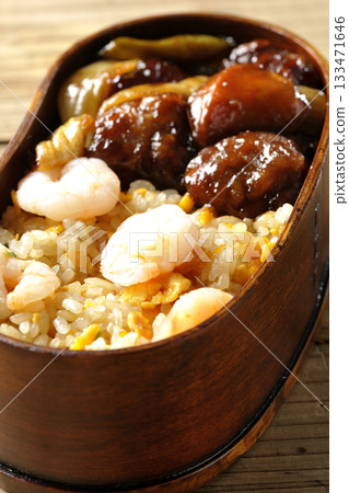 Shrimp fried rice and black vinegar sweet and sour pork bento Shrimp fried rice and black vinegar sweet and sour pork bento 133471646