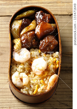 Shrimp fried rice and black vinegar sweet and sour pork bento Shrimp fried rice and black vinegar sweet and sour pork bento 133471649