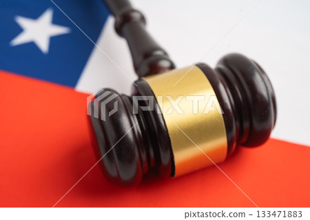 Chile, Legal, justice and agreement, wooden court gavel on flag. Chile, Legal, justice and agreement, wooden court gavel on flag. 133471883