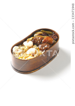 Shrimp fried rice and black vinegar sweet and sour pork bento photographed on a white background Shrimp fried rice and black vinegar sweet and sour pork bento photographed on a white background 133471948