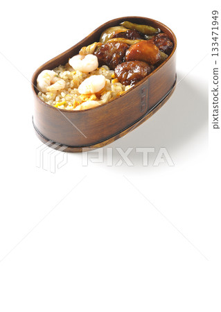 Shrimp fried rice and black vinegar sweet and sour pork bento photographed on a white background Shrimp fried rice and black vinegar sweet and sour pork bento photographed on a white background 133471949