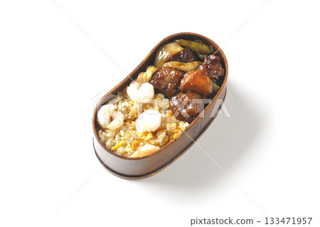 Shrimp fried rice and black vinegar sweet and sour pork bento photographed on a white background Shrimp fried rice and black vinegar sweet and sour pork bento photographed on a white background 133471957