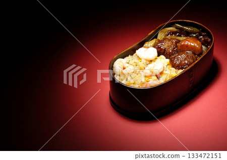 Shrimp fried rice and black vinegar sweet and sour pork bento Shrimp fried rice and black vinegar sweet and sour pork bento 133472151