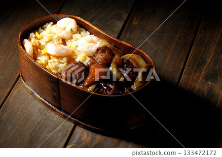 Shrimp fried rice and black vinegar sweet and sour pork bento 133472172