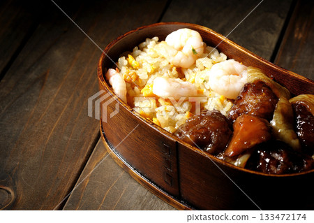 Shrimp fried rice and black vinegar sweet and sour pork bento Shrimp fried rice and black vinegar sweet and sour pork bento 133472174
