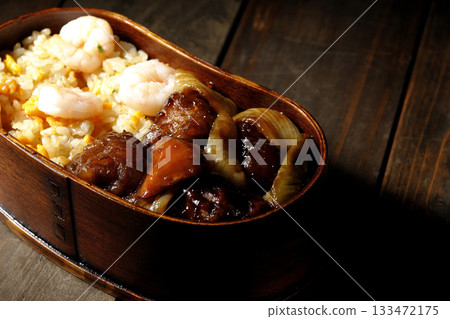 Shrimp fried rice and black vinegar sweet and sour pork bento 133472175