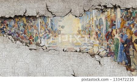 Cracked wall mosaic biblical scene colorful intricate abstract texture art 133472210