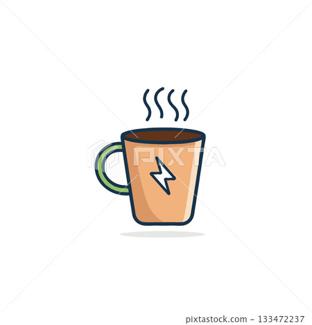 Steaming invigorating beverage with a lightning bolt accent provides a boost of energy and 133472237