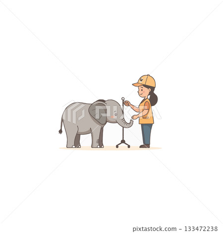 Charming encounter between a caregiver and a baby elephant depicted in soft, playful animation Charming encounter between a caregiver and a baby elephant depicted in soft, playful animation 133472238