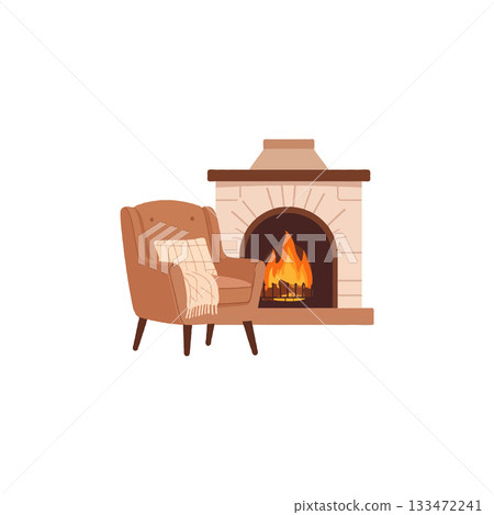 Inviting fireplace warmth radiates beside soft armchair providing a cozy and serene homey Inviting fireplace warmth radiates beside soft armchair providing a cozy and serene homey 133472241