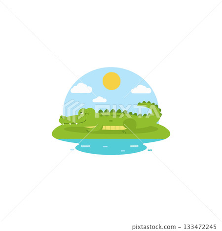 Whimsical alligator lounging on a verdant isle under a sunny sky a cartoon style illustration Whimsical alligator lounging on a verdant isle under a sunny sky a cartoon style illustration 133472245
