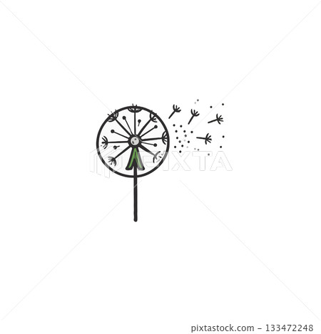 Whimsical dandelion illustration with dispersed seeds conveying themes of fragility transience and Whimsical dandelion illustration with dispersed seeds conveying themes of fragility transience and 133472248