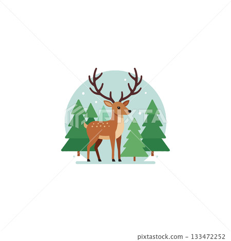 Whimsical deer amidst stylized evergreen trees conveying festive winter season nature graphic Whimsical deer amidst stylized evergreen trees conveying festive winter season nature graphic 133472252