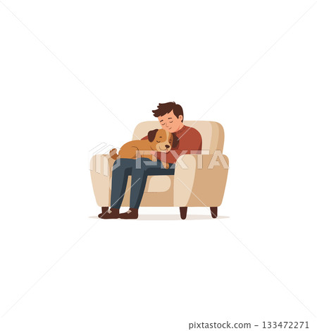 Serene companionship depicting a man and his dog relaxing together in an armchair evoking comfort Serene companionship depicting a man and his dog relaxing together in an armchair evoking comfort 133472271