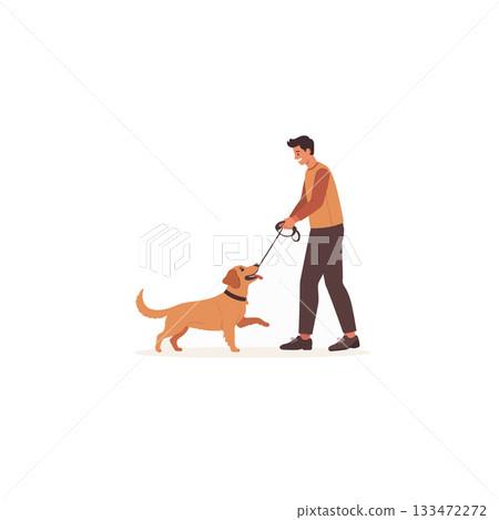 A man and his dog walking outside bonding through exercise and companionship in a lighthearted 133472272