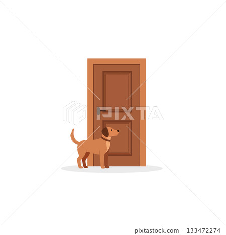 Loyal canine companion waiting patiently by the closed wooden entryway anticipating adventure and 133472274