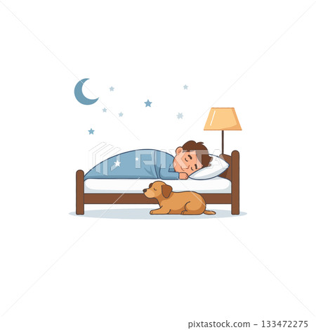 Peaceful night rest illustration featuring boy sleeping with his dog under starry sky near the 133472275