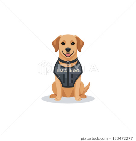 Playful labrador retriever cartoon illustration wearing a vest, sitting attentively with a cute 133472277