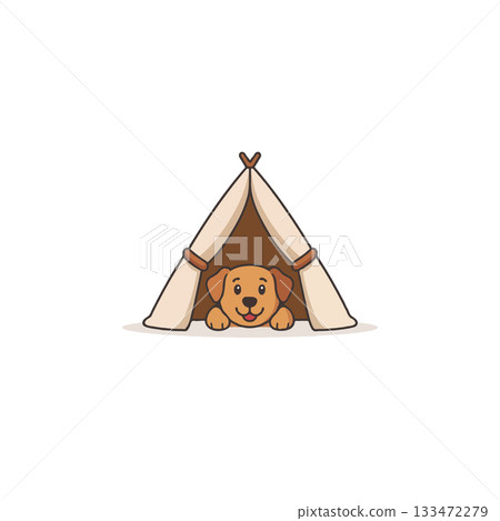 Playful puppy in homemade tent shelter creating a cozy illustration about friendship and 133472279