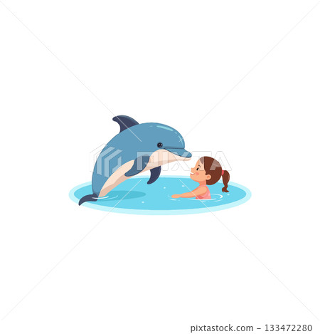 Illustration depicting a delightful encounter between a young girl and a gentle dolphin in 133472280